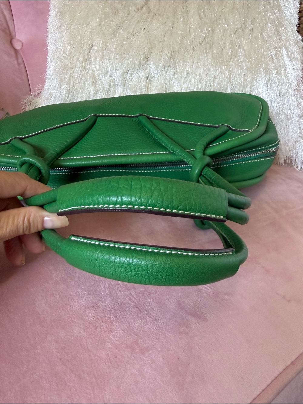 HOGAN Kelly Green Leather Dome Satchel Bag w Knots &Loop Details Silver Hardware - Picture 15 of 16